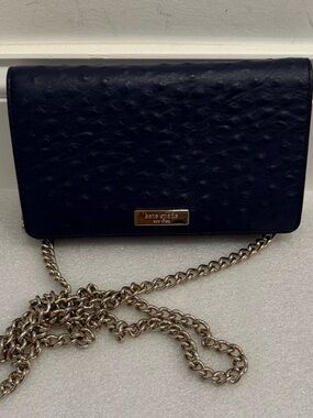 Kate Spade Isabeli Navy Ostrich Leather Embossed with Chain Crossbody -EUC